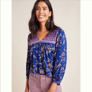 Indigo Floral Peasant Blouse